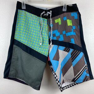 Ergo Color Block Board Shorts Swim Trunks SZ 32  Dog Rainbow Lasers #58